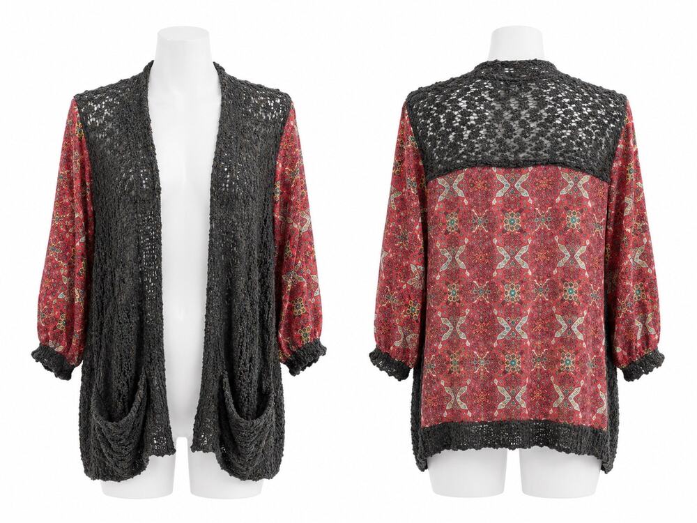 BKE Boutique Boho Open Knit Cardigan Lace Layered Patterned Festival Womens M